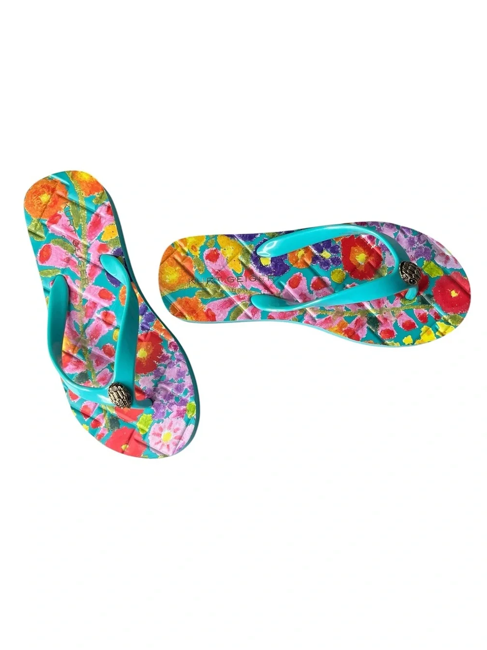 Kurt Geiger London Kensington Eagle Head Quilted Floral Flip-Flop Sz 6